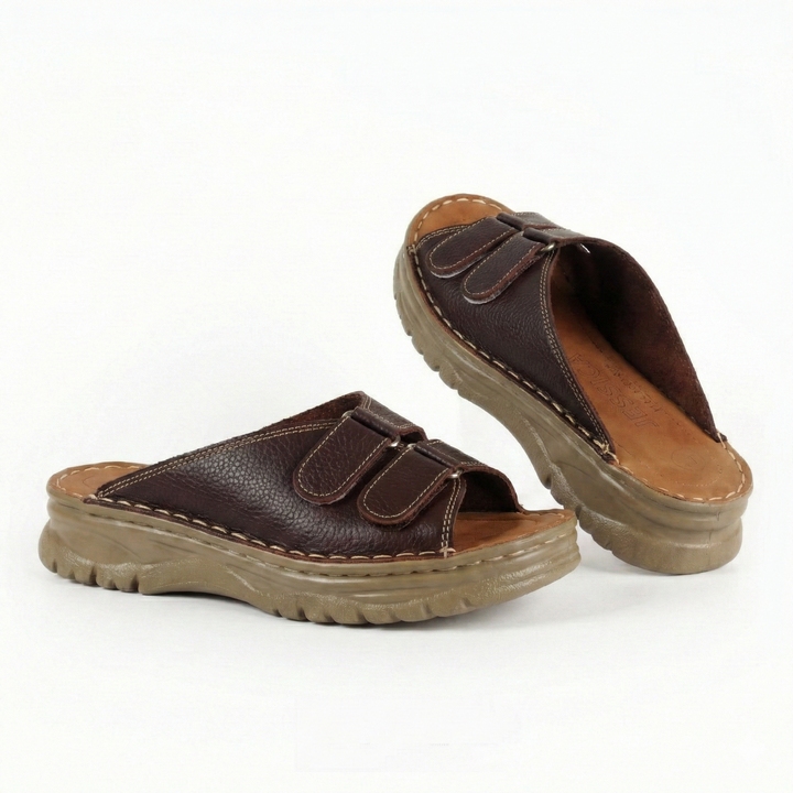  سابوه حريمي جلد طبيعي لون بني بخياطة هاند ميد ونعل طبي مريح مع كعب 2 سم